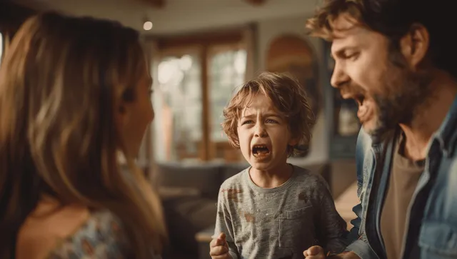 A crying boy screams in a living room while his parents argue behind blurred figures.