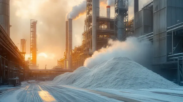 Industrial plant yard with white granular piles releasing steam at orange sunset