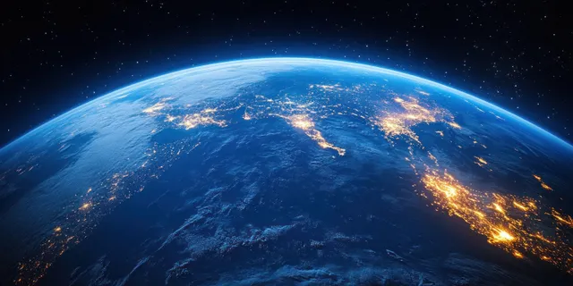Earth from space at night showing East Asian coastlines glowing with city lights