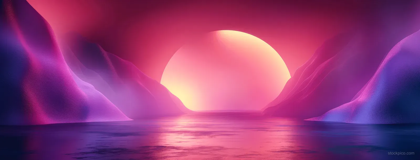 A glowing sun above purple neon water with dark abstract peaks on both sides.