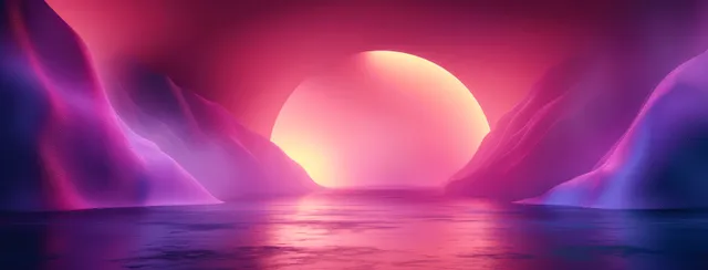 Glowing Sunset Over Purple Neon Water and Dramatic Abstract Peaks