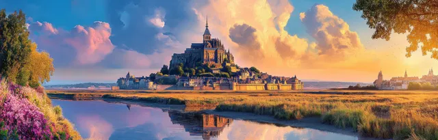 Medieval stone fortress on an island by a river, with sunset clouds and glowing reflections on the water.