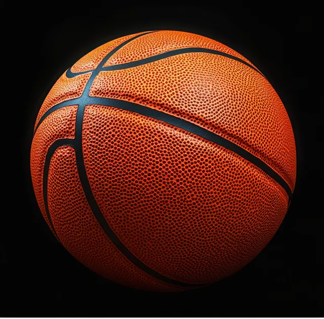 A close-up basketball isolated against a dark background with dramatic lighting and detailed leather texture.