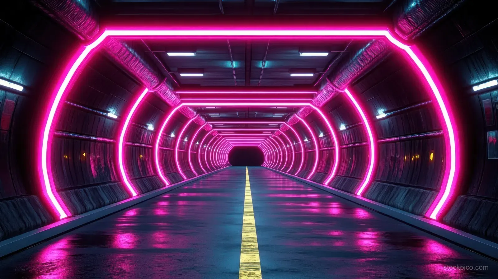 Futuristic tunnel interior with glowing pink neon arches, a reflective wet floor, and a yellow line leading into darkness.