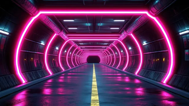 Futuristic tunnel interior with glowing pink neon arches, a reflective wet floor, and a yellow line leading into darkness.