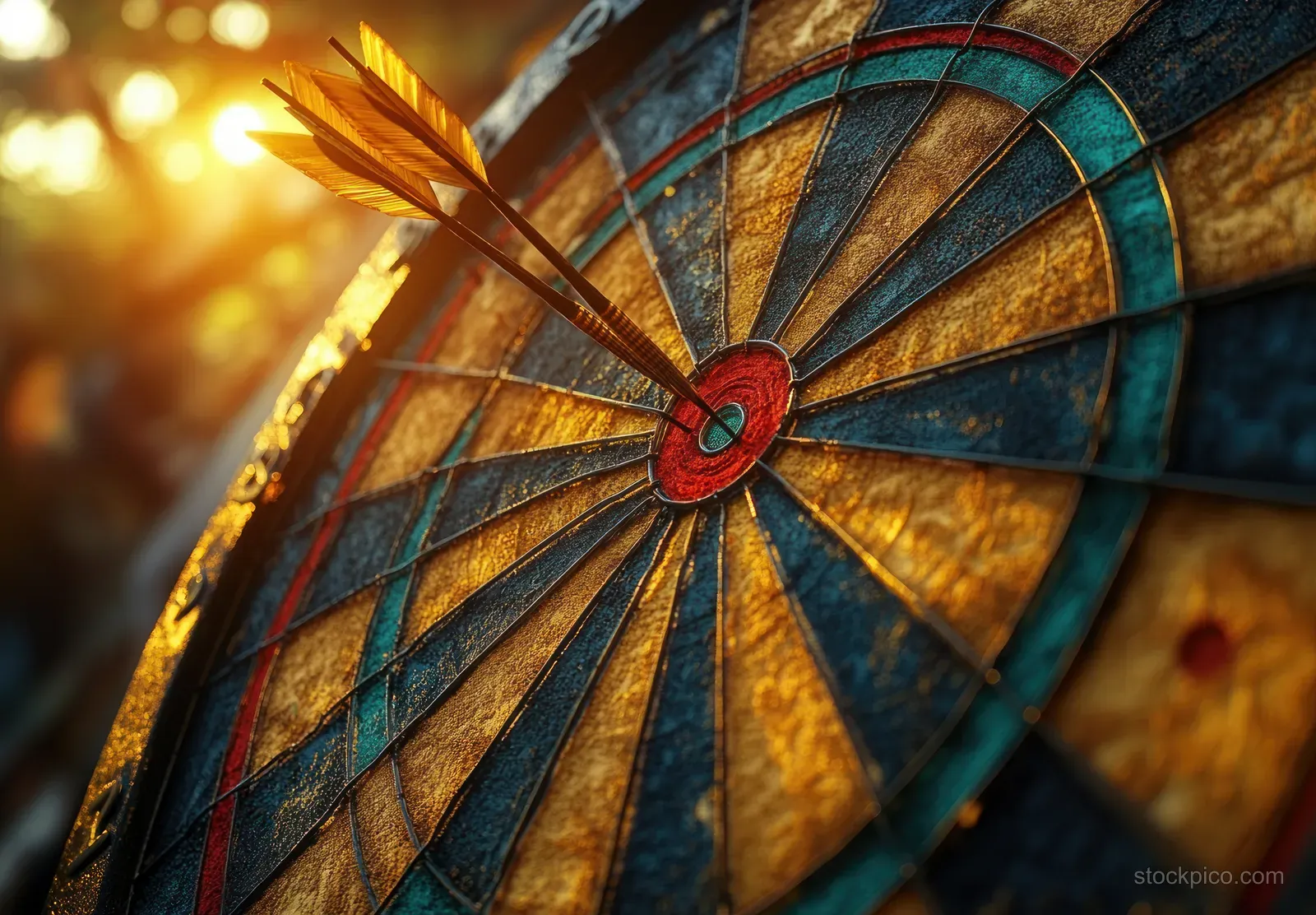 Arrows hit the bullseye on a dartboard under warm sunset light.