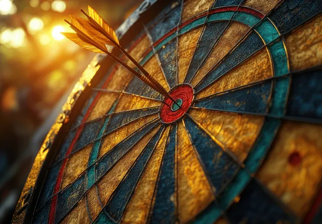 Arrows strike a bullseye target at sunset, symbolizing business goals success