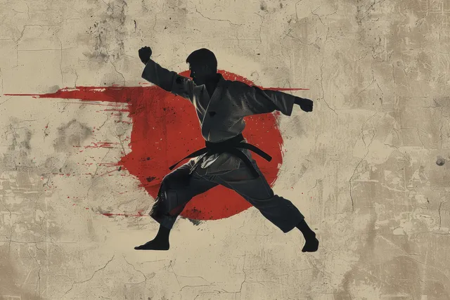 Karate fighter silhouette mid–high kick on a textured concrete wall with a red circular splash behind.