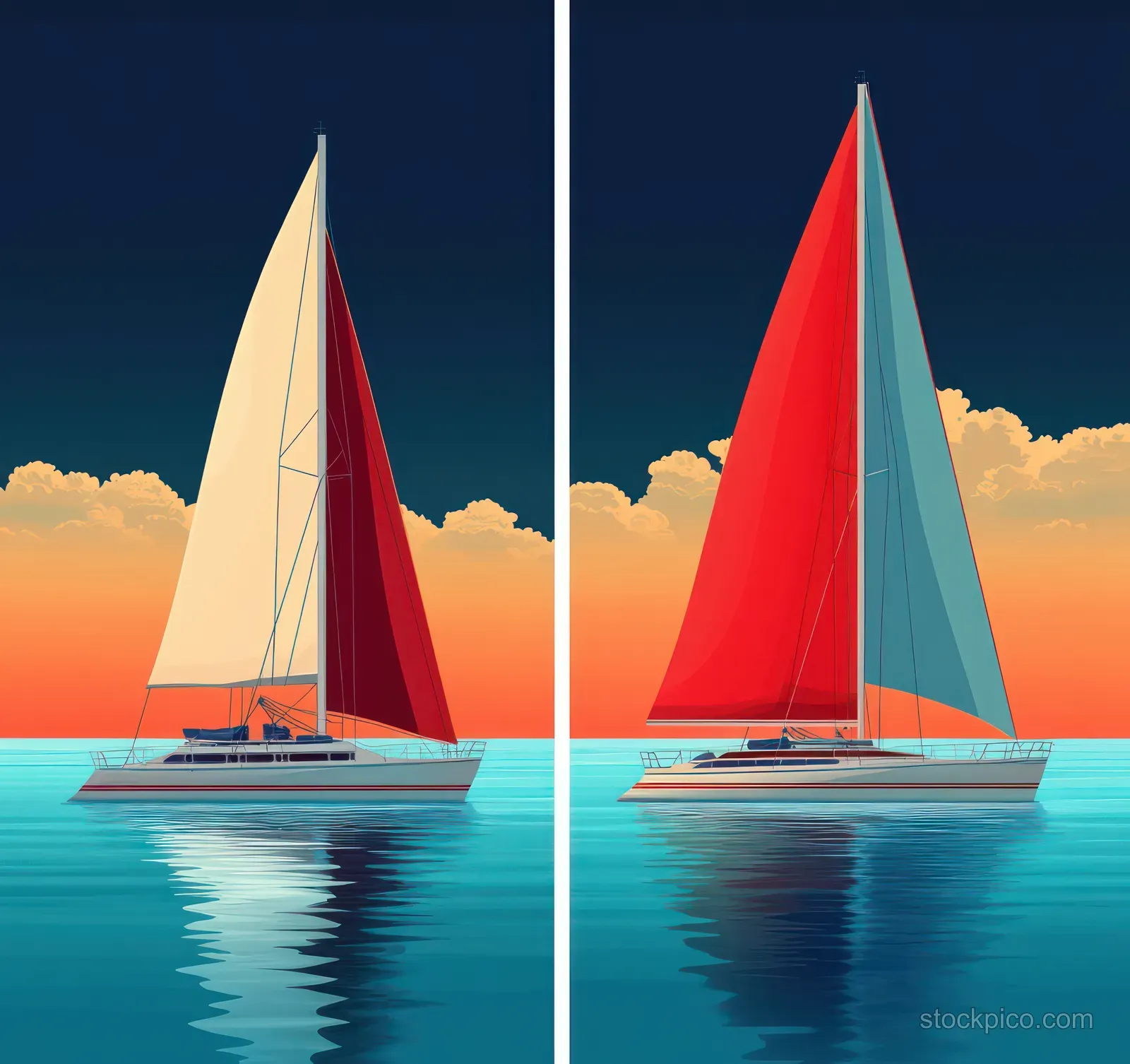 Two sailboats on calm sea at sunset, their colorful sails and reflections visible beneath clouded orange-blue sky.