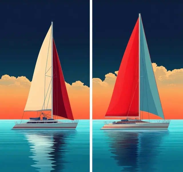 Two sailboats glide on calm ocean water, colorful sails reflecting under sunset clouds