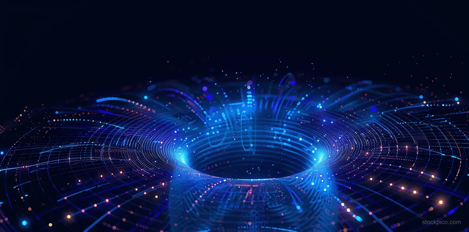 Blue electric wheel rotates in a dark digital tunnel with glowing lines, dots, and circuit arcs.