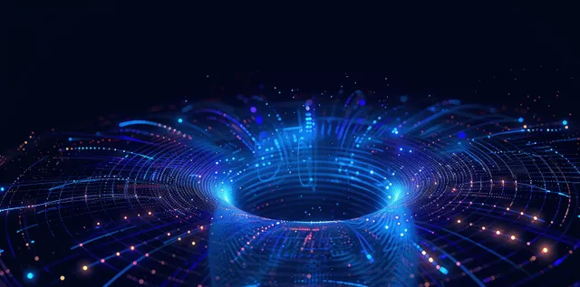 Blue electric wheel rotates in a dark digital tunnel with glowing lines, dots, and circuit arcs.