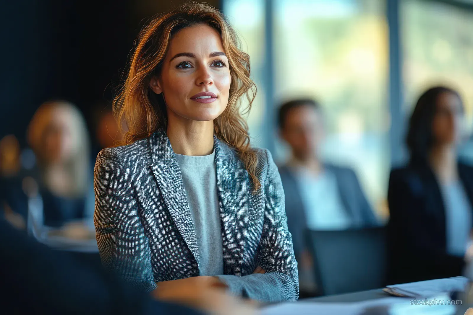 Businesswoman leading a team meeting at a conference table with natural window light and blurred coworkers behind her.