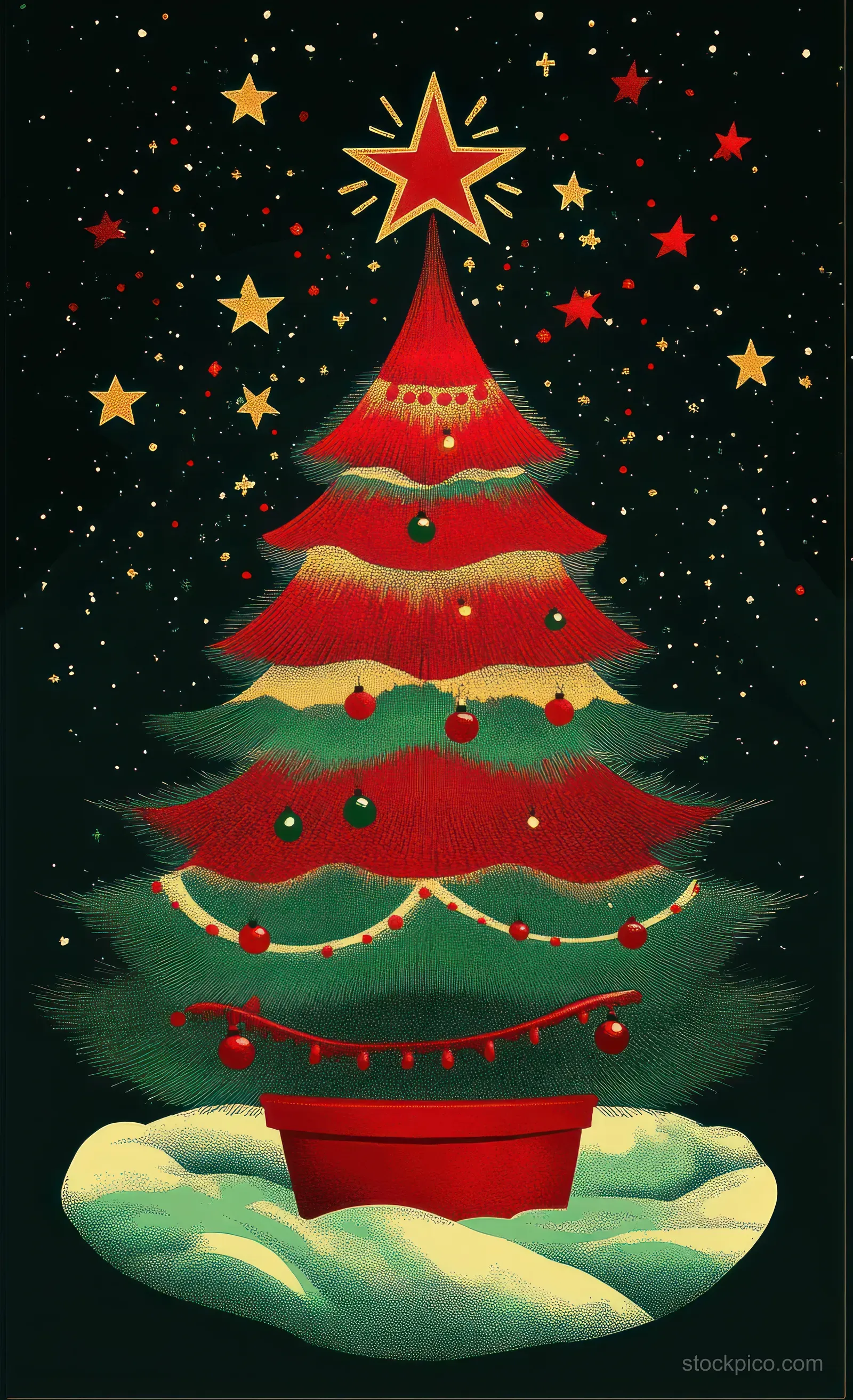 A decorated Christmas tree with red and gold ornaments and a glowing star topper surrounded by falling stars on a dark background.