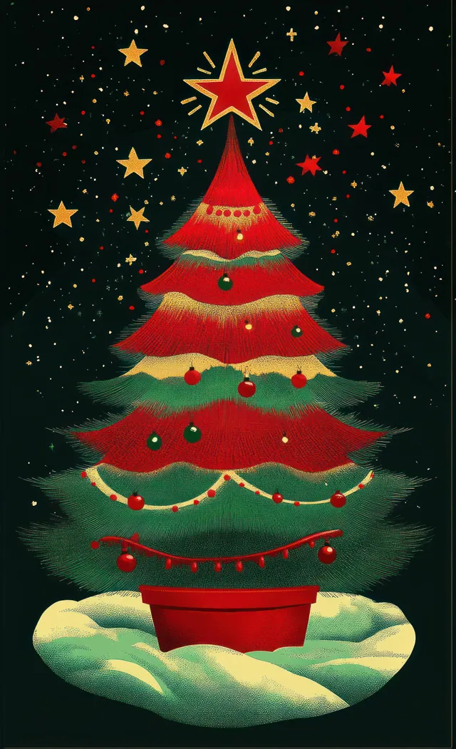 A decorated Christmas tree with red and gold ornaments and a glowing star topper surrounded by falling stars on a dark background.