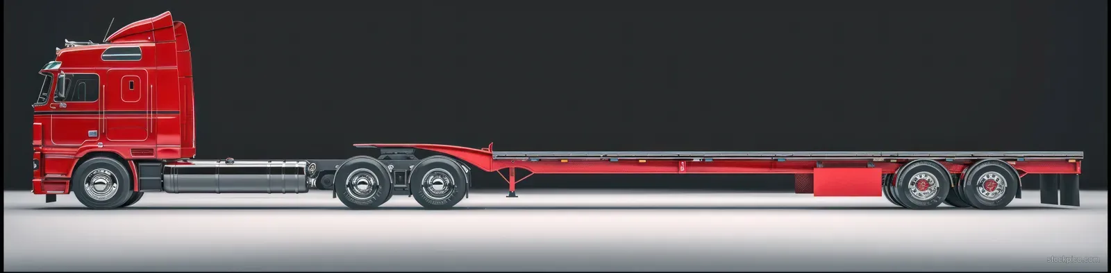 Red semi-truck tractor with extended flatbed trailer shown in side view on a dark background.