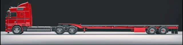 Red semi-truck tractor with extended flatbed trailer shown in side view on a dark background.