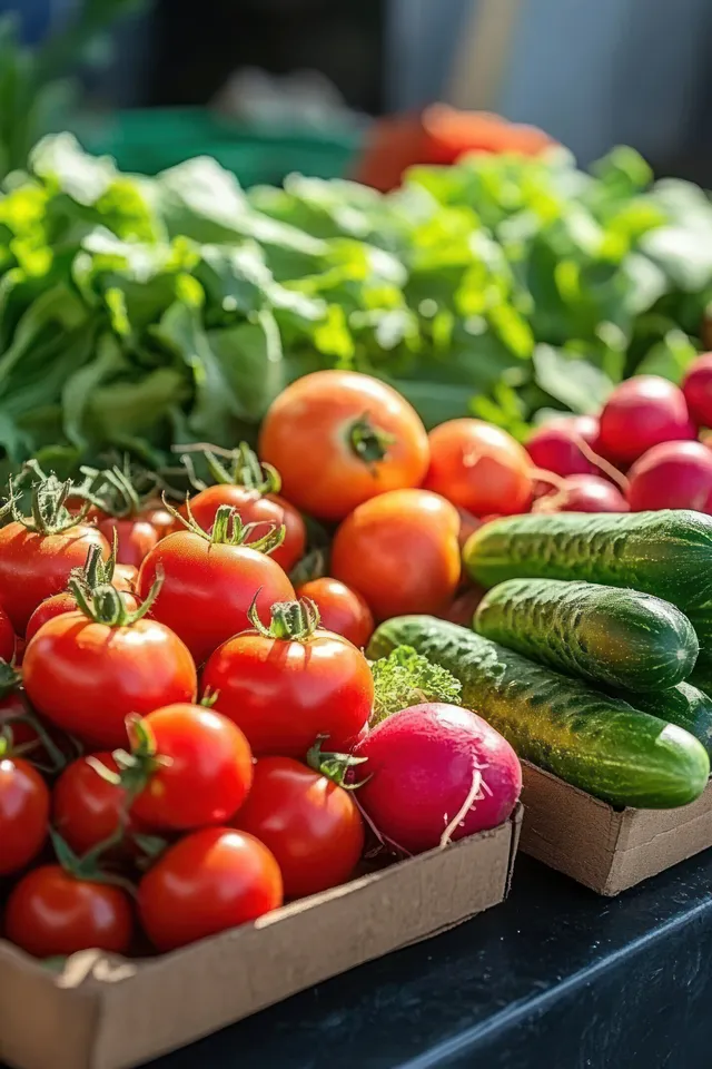Assorted tomatoes, cucumbers, and leafy greens displayed in cardboard boxes at outdoor market stall