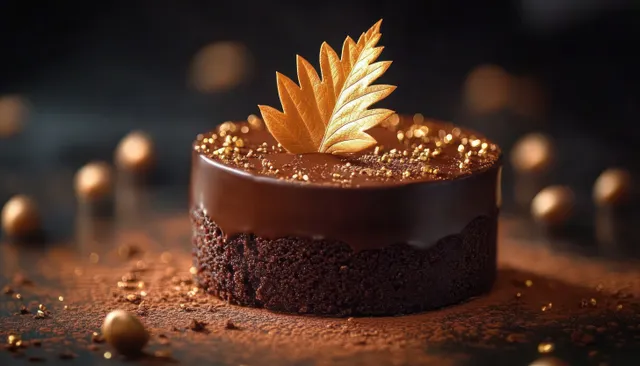 Close-up of a round chocolate dessert with glossy glaze, golden leaf topper, and gold sugar pearls on cocoa dust.