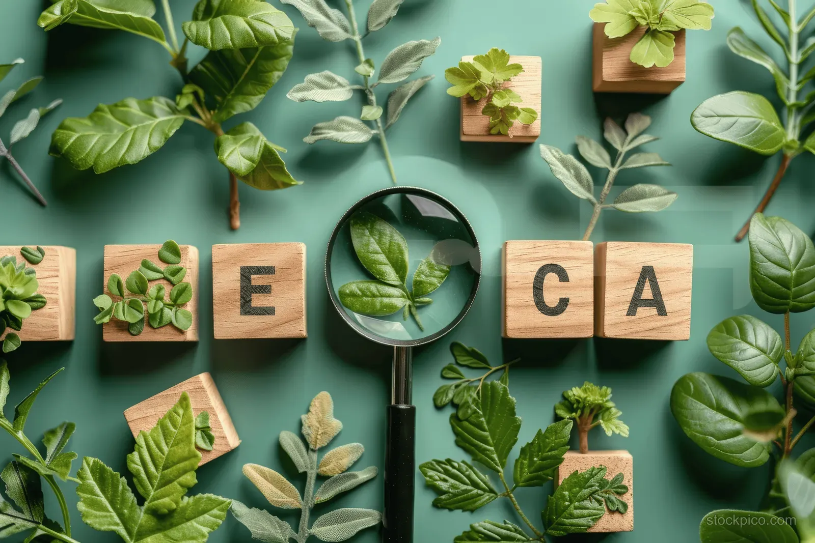 Magnifying glass over leaf cutouts and wooden letter blocks spelling CO2 on a dark green background.