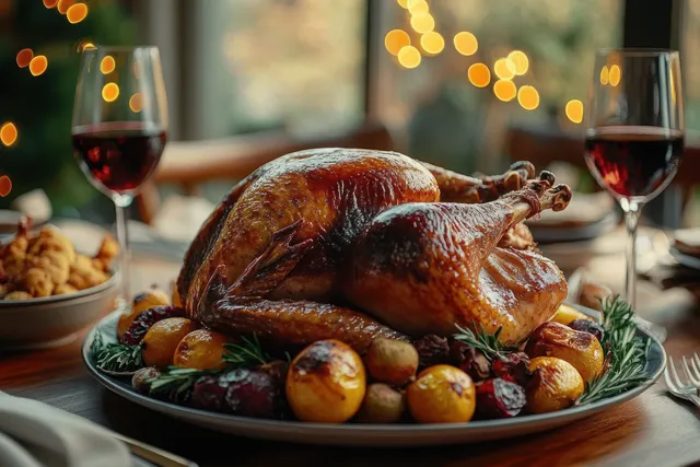 Roasted Thanksgiving turkey on platter beside herb roasted vegetables and red wine glasses