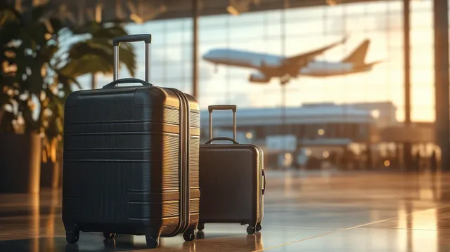 Two black hard-shell suitcases stand on a polished airport floor with a blurred airplane visible through sunset-lit terminal windows.