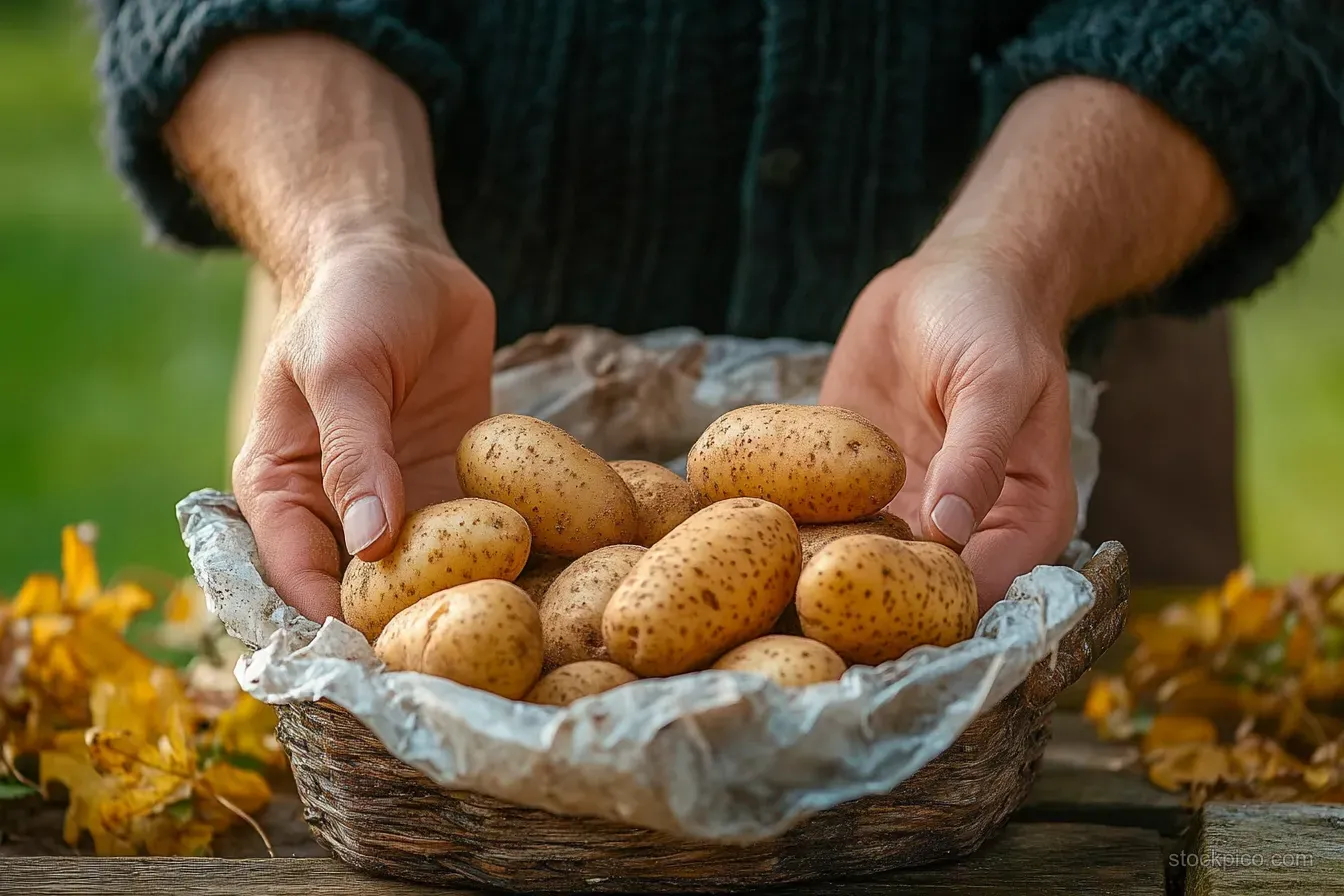 Two hands hold a basket of fresh potatoes wrapped in paper outdoors with autumn leaves behind them.