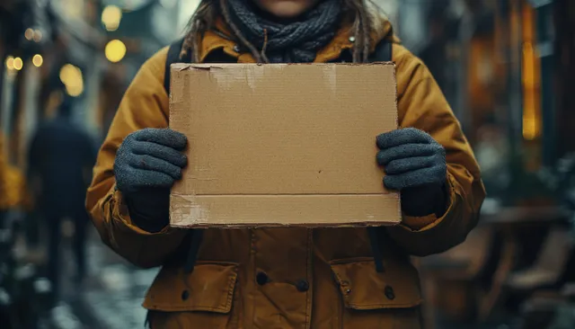 A middle-aged man holds a cardboard sign in front of his face in a dim indoor street setting.