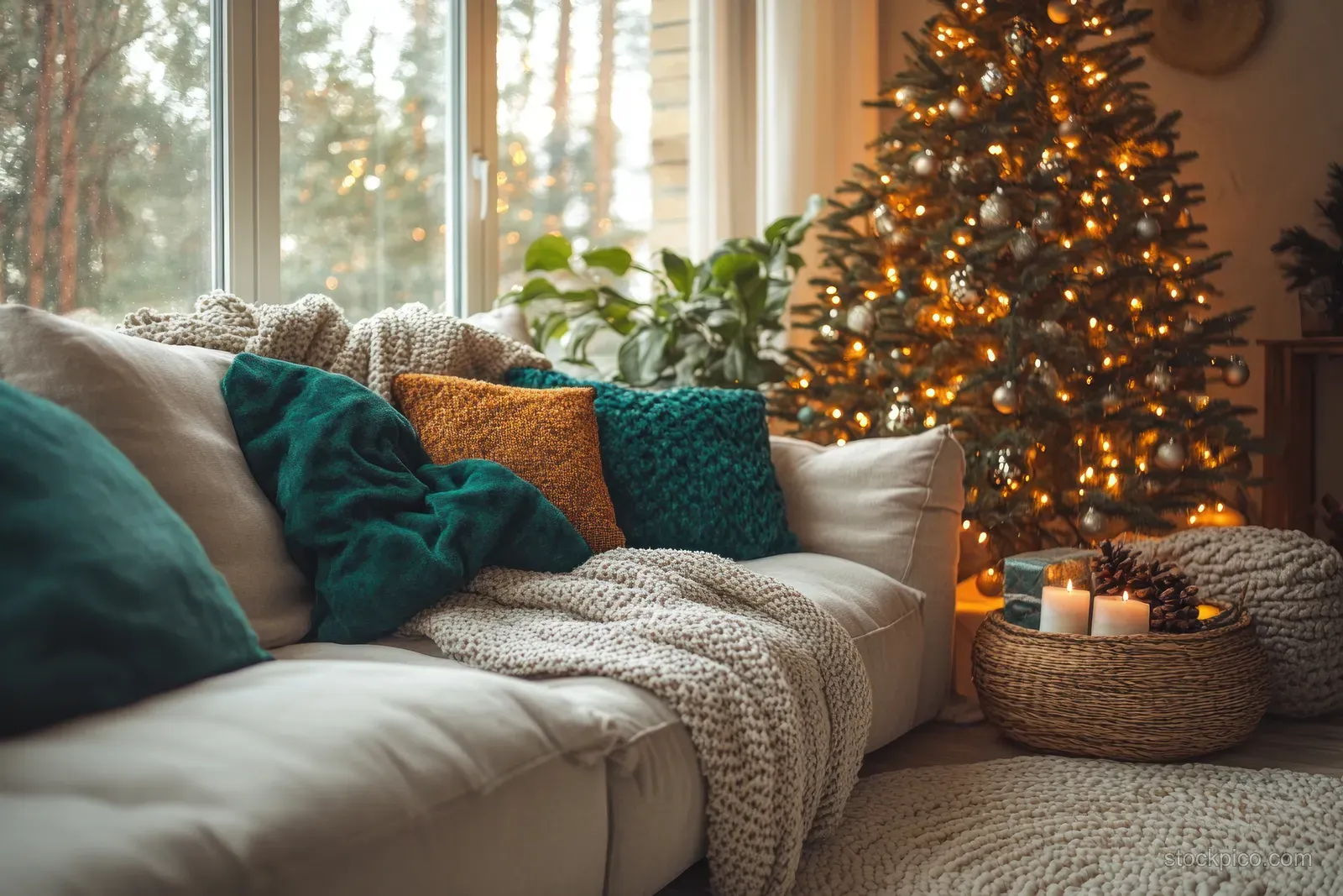 Lit Christmas tree stands beside a sofa in a cozy winter living room with candles and soft throws.