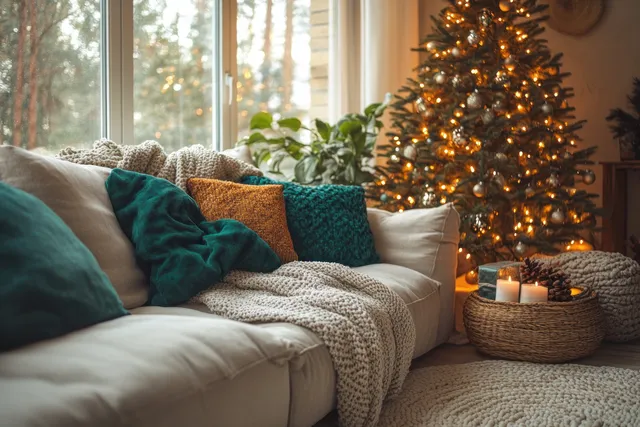 Lit Christmas tree stands beside a sofa in a cozy winter living room with candles and soft throws.