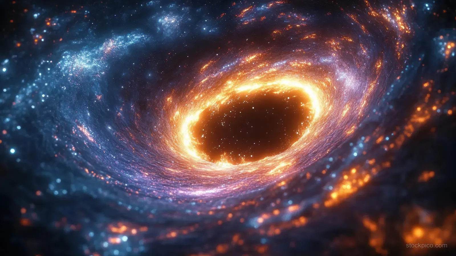 Golden core cosmic vortex spirals through deep space amid blue and orange sparkling stars and dust.