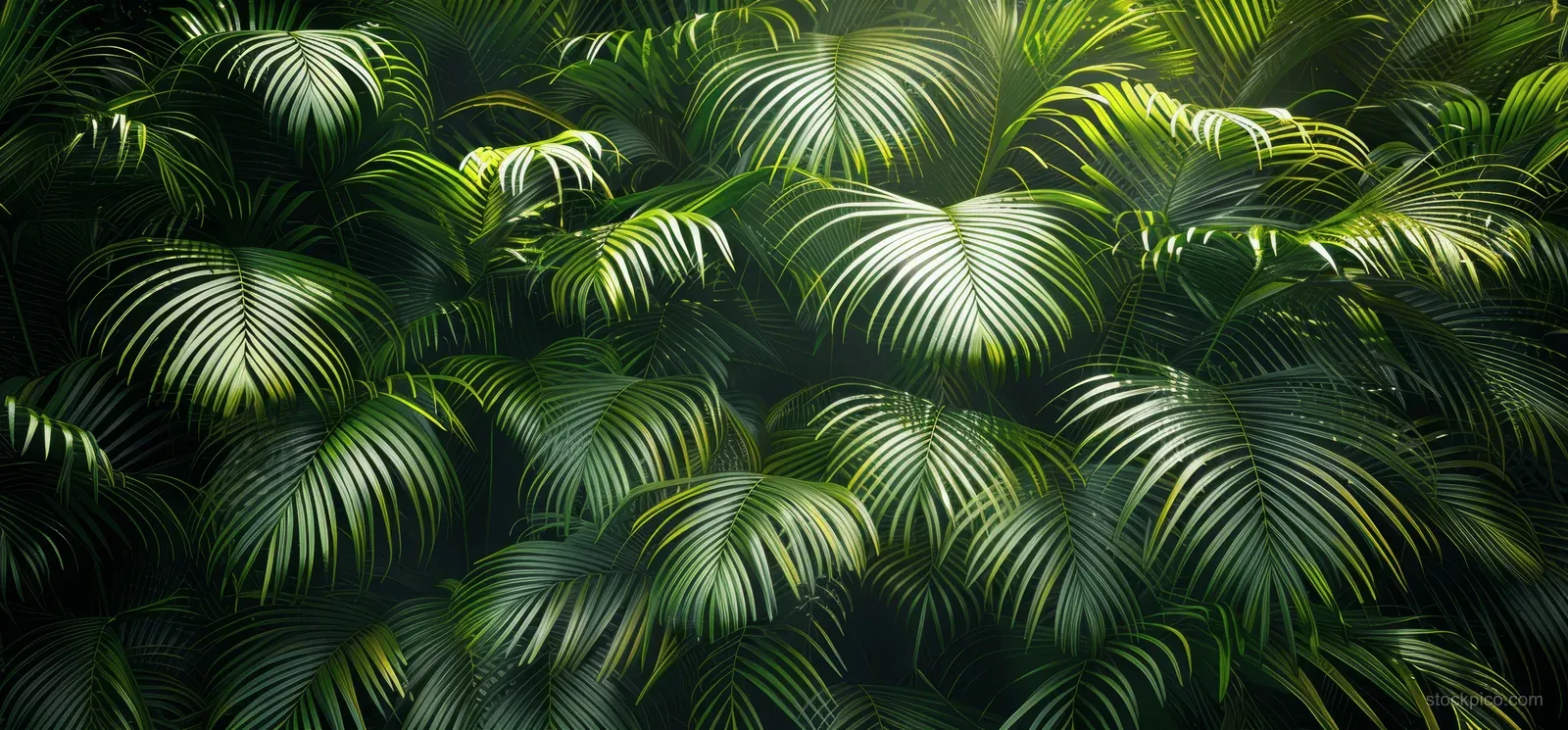 Close-up of lush palm fronds covering a tropical rainforest garden backdrop with dark green texture and sunlit edges.