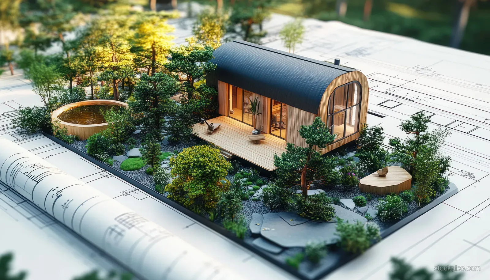 Miniature curved-roof wooden house model sits on architectural blueprints with trees, shrubs, and a small pond.