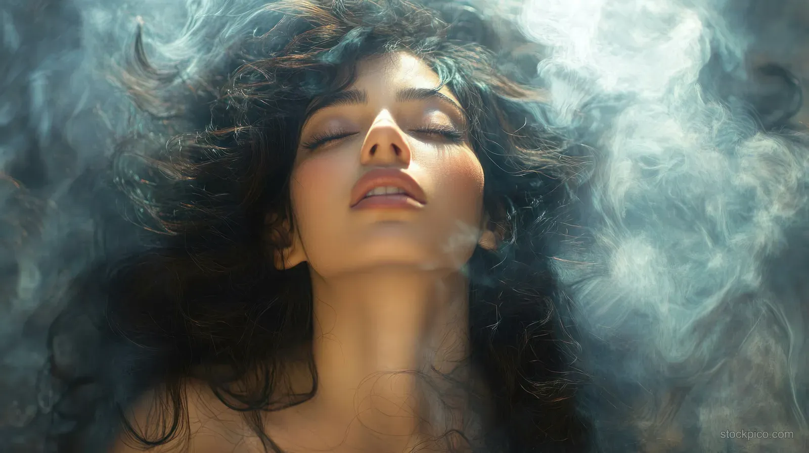 Serene woman with closed eyes in a close-up portrait, surrounded by swirling mist and soft light.