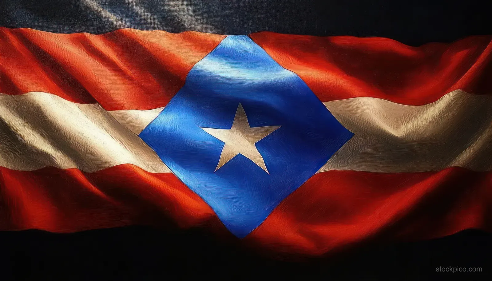 Red and white striped flag waves with a blue diamond and white star at the center under dramatic lighting.