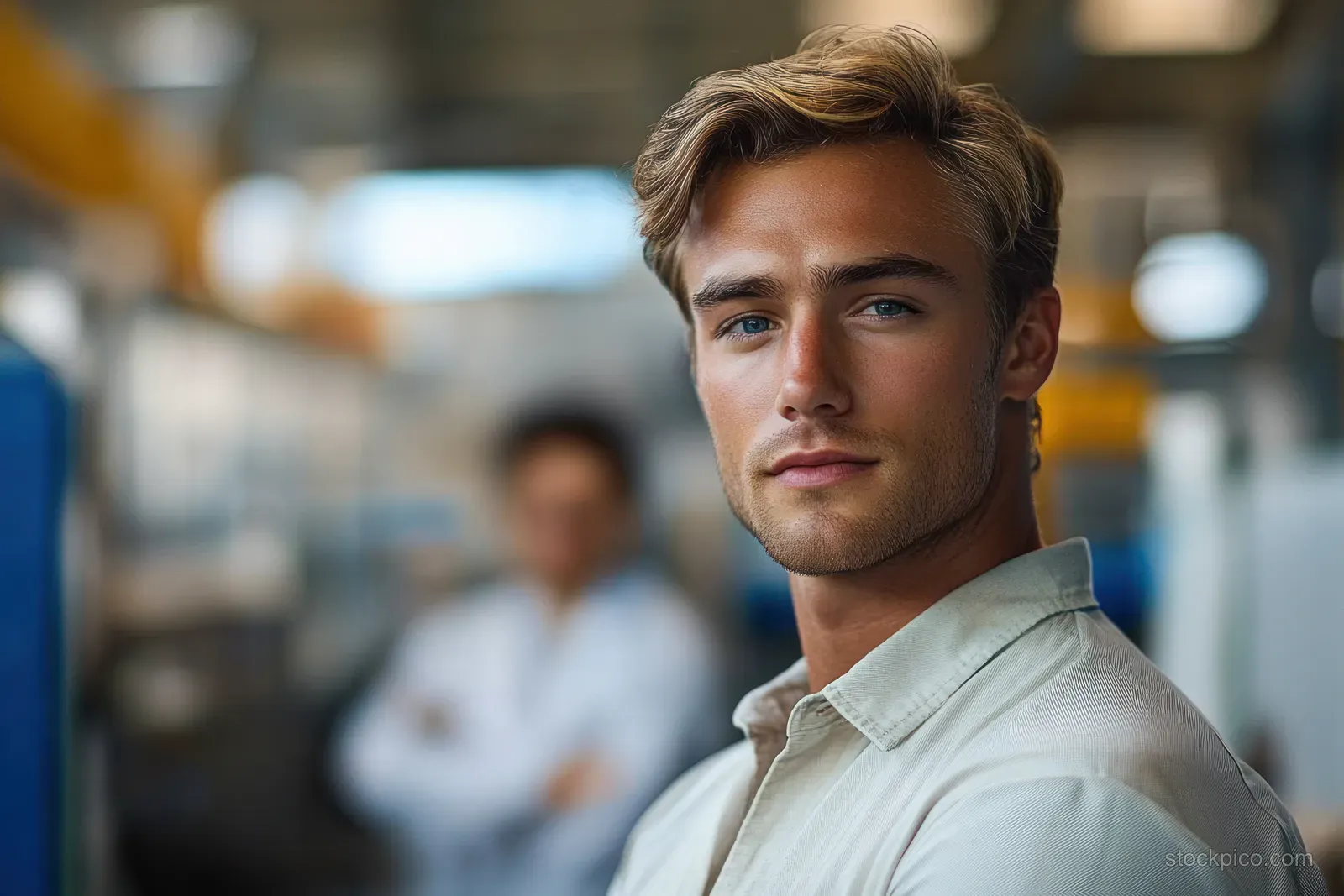 Young man with light hair and blue eyes looks confidently at the camera in an indoor office with a blurred person behind.