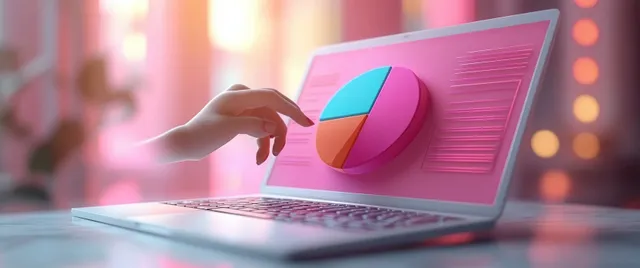 Analyst hand pointing at laptop dashboard with pie chart performance graphics in soft city bokeh