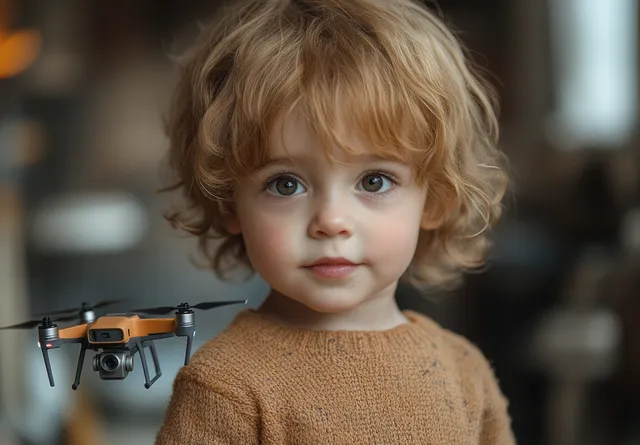 A toddler stands indoors next to a toy quadcopter drone as warm light falls across the scene.