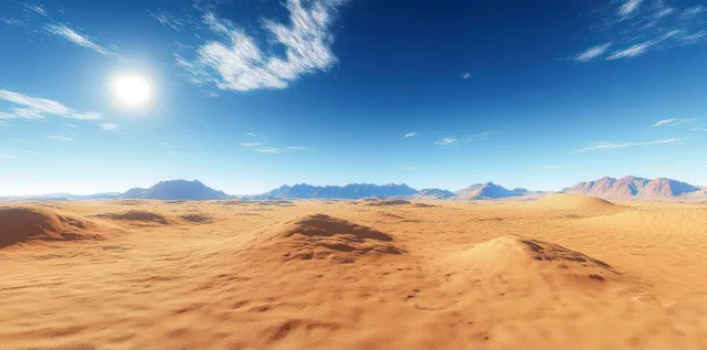 Surreal desert panorama with rolling sand dunes and sharp midday sun shadows across horizon