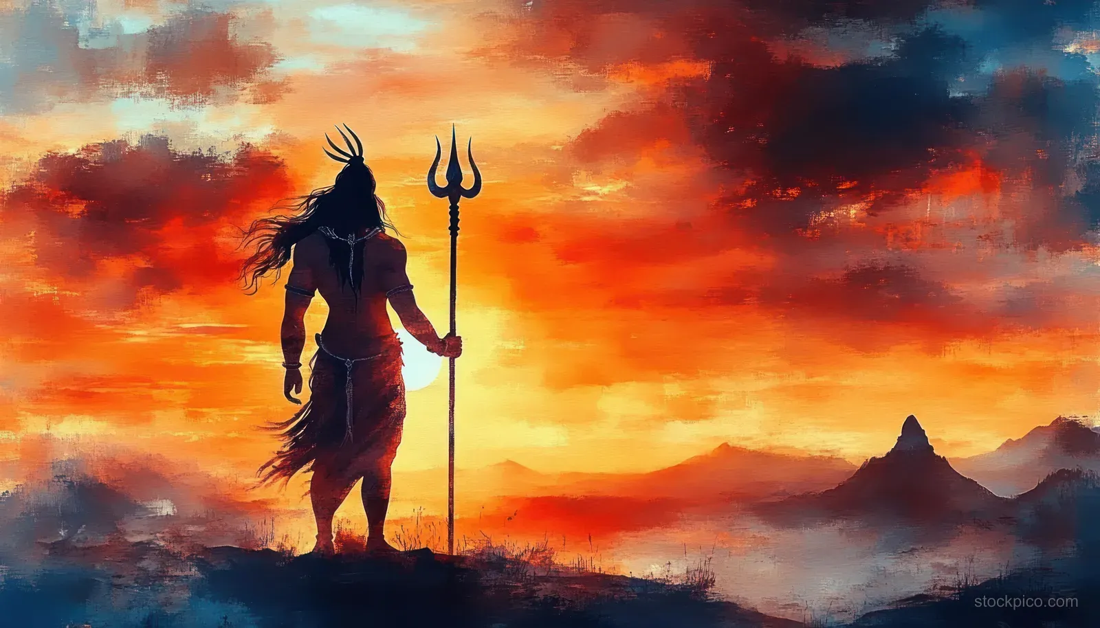 Lord Shiva silhouette holding a trident against a fiery orange sunset with misty clouds and hills.