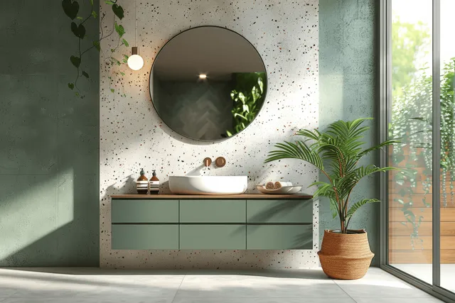 Green floating bathroom vanity with a round mirror, terrazzo wall, and potted plant near floor-to-ceiling windows.