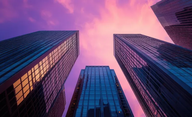 Upward view of reflective glass skyscrapers framing a pink and purple sunset sky in the downtown business district.