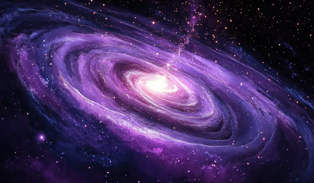 A purple and pink spiral galaxy swirls across a dark space field around a bright glowing center.