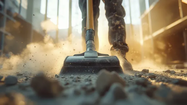 Industrial vacuum nozzle pulls construction dust across a concrete floor as sunlight streams through tall windows.