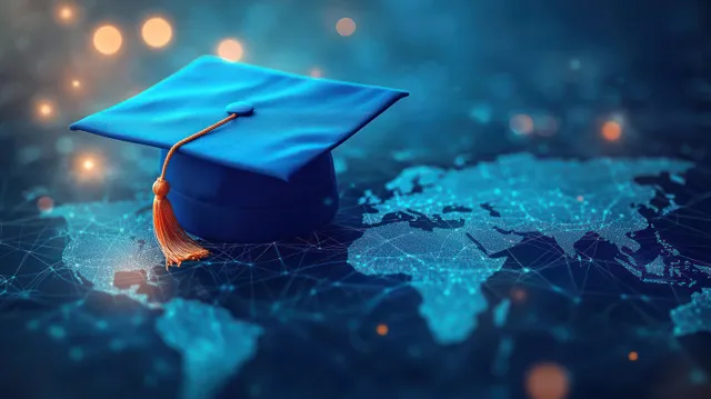 Blue graduation cap with orange tassel resting over a glowing digital world map with connected network lines.