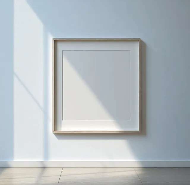 Centered square wooden picture frame mockup on a light wall with soft natural window shadows.