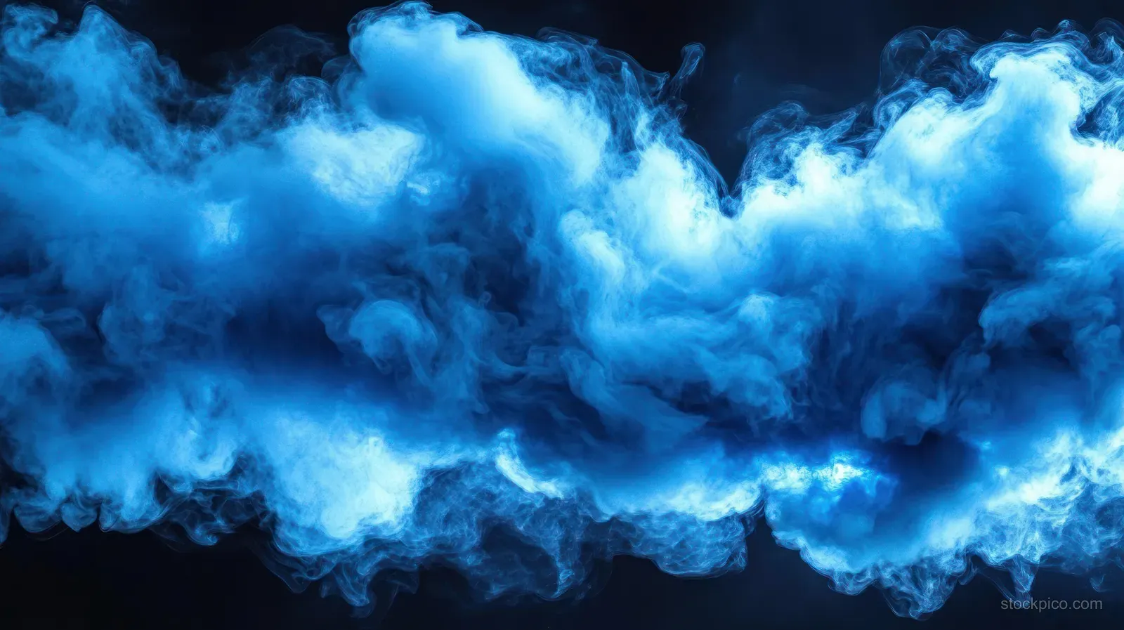 Blue smoke mist swirls horizontally across a dark background with layered, glowing curls.
