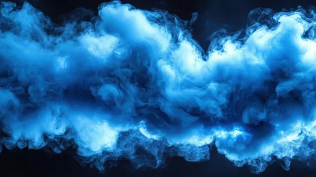Blue smoke mist swirls horizontally across a dark background with layered, glowing curls.