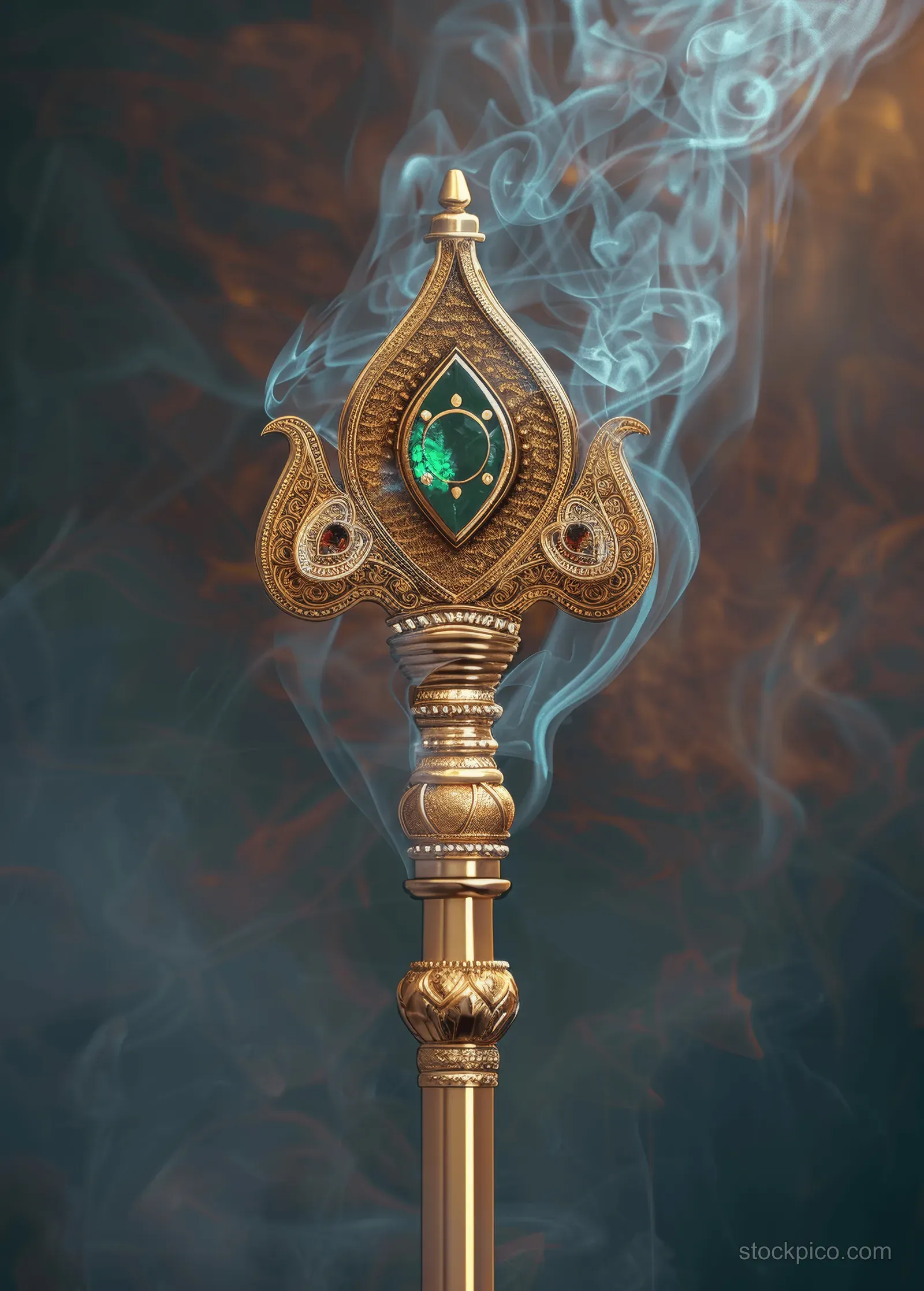 Golden scepter with an emerald India-shaped emblem, surrounded by swirling blue smoke in a dark background.