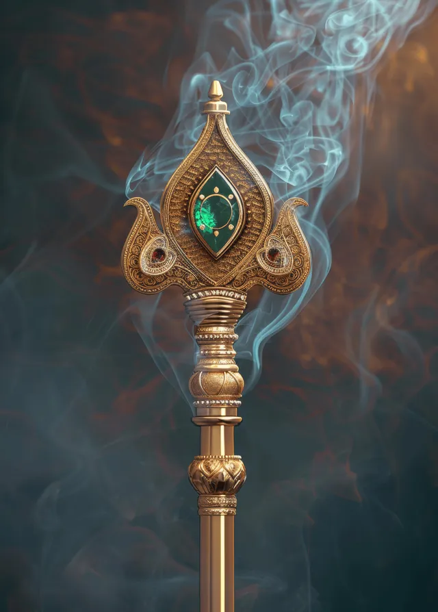 Golden scepter with an emerald India-shaped emblem, surrounded by swirling blue smoke in a dark background.